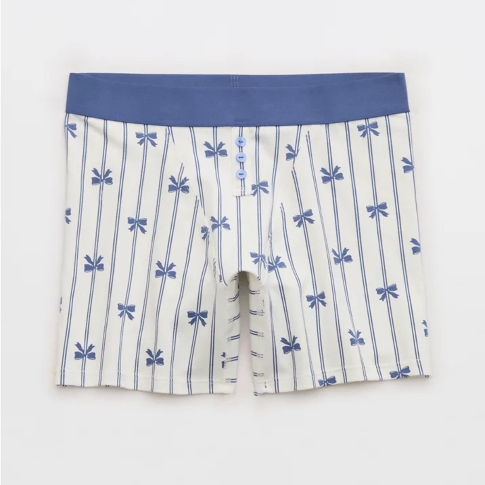 Aerie Super chill Cotton High Waisted Boyshort Underwear - Striped Blue Bows - L